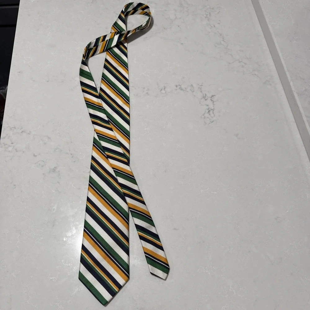 Robert Talbott Silk Repp Tie Ivory Navy‎ Green Gold Regimental Stripe 58 x 3.25